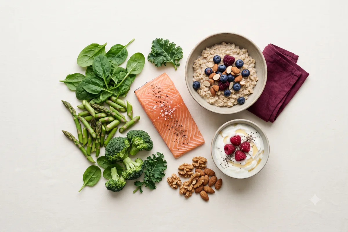 Flat lay ze zdrowymi produktami – warzywa, ryba, płatki owsiane i jogurt naturalny na jasnym tle